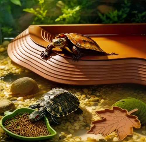 Turtle Water Dish with Ramp, Reptile Pool & Accessories | Turtle water dish with built-in ramp, soaking pool, and food bowl. Pet-safe resin, non-slip base, easy to clean for reptiles.
