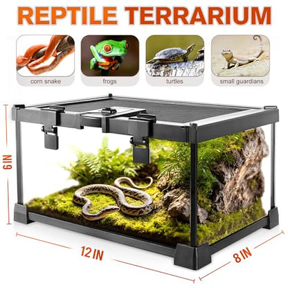 12"x8"x6" Reptile Terrarium, Escape-Proof Glass Top-Opening Vivarium for Small Terrestrial Snakes Such as Garter Snakes, with Escape-Proof Lock & Feeding Hatch - size: 12"D X 8"W X 6"H