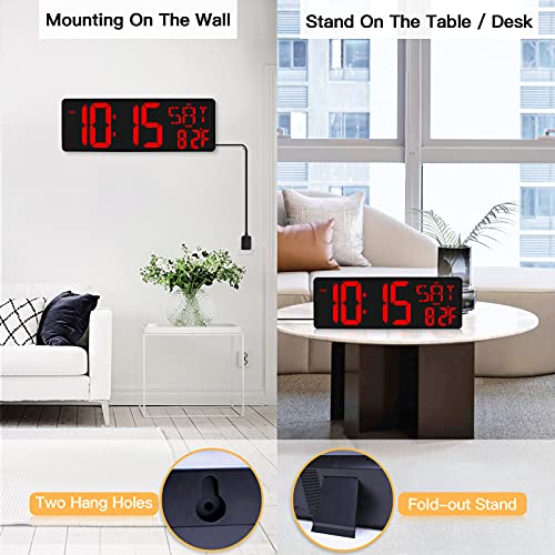 XREXS 17.2 Inch Large Digital Wall Clock with Remote Control | LED Large Display Count Up & Down Timer, Adjustable Brightness Plug-in Alarm Clock with Temperature for Home, Office, Gym - color: Red