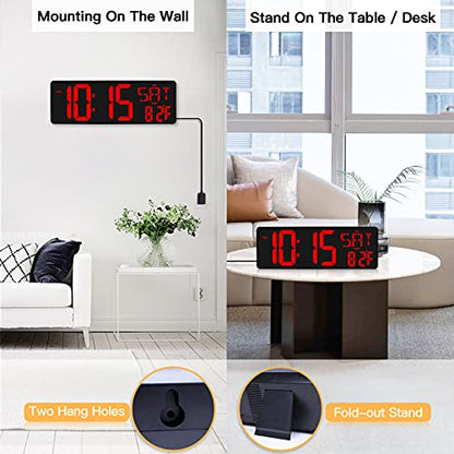 XREXS 17.2 Inch Large Digital Wall Clock with Remote Control | LED Large Display Count Up & Down Timer, Adjustable Brightness Plug-in Alarm Clock with Temperature for Home, Office, Gym - color: Red