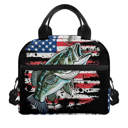Kids Lunch Bag American Flag Fishing Print: Insulated Interior Fits Sandwich + Fruit + Water Bottle - Keeps Fresh - Ideal for Independence Day Picnic, Boat Trip & Fishing Adventure - color: American Flag Fishing Print