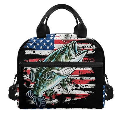 Kids Lunch Bag American Flag Fishing Print: Insulated Interior Fits Sandwich + Fruit + Water Bottle - Keeps Fresh - Ideal for Independence Day Picnic, Boat Trip & Fishing Adventure - color: American Flag Fishing Print