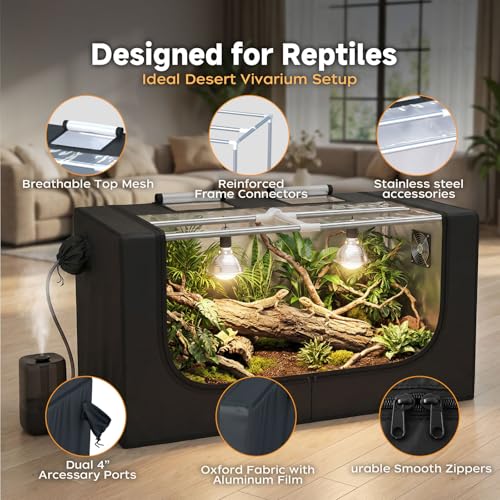 Large Reptile Enclosure Tent, 4x2x2 ft (48 x 24 x 24 Inch) Habitat | with Insulated Cover & Stainless Steel Frame, Dual 4" Accessory Ports for Bearded Dragon, Lizard, Gecko & Chameleon