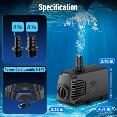 200GPH Submersible Water Pump, Water Fountain (700L/H, 12W) with 5.9FT High Lift Adjustable & 3 Nozzles & 9.8FT Cord, Ultra Quiet Aquarium Pump for Pond Fountain Waterfall Hydroponics-Q102 - size: 200GPH