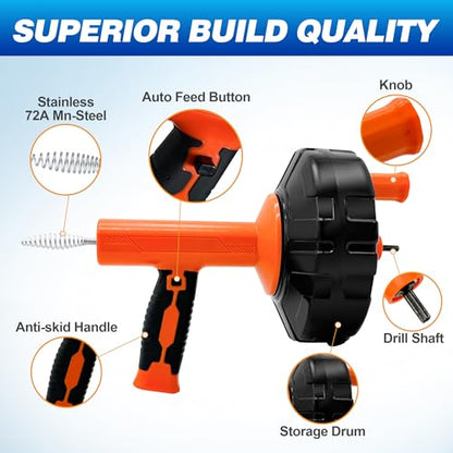Drainsoon Auto Feed Drain Auger with Drill Adapter, 33 Feet Drain Snake Hair Clog Remover, Manual or Powered Plumbing Snake Drain Cleaner for Bathroom, Shower, Kitchen Sink, Comes with Gloves - color: Orange
