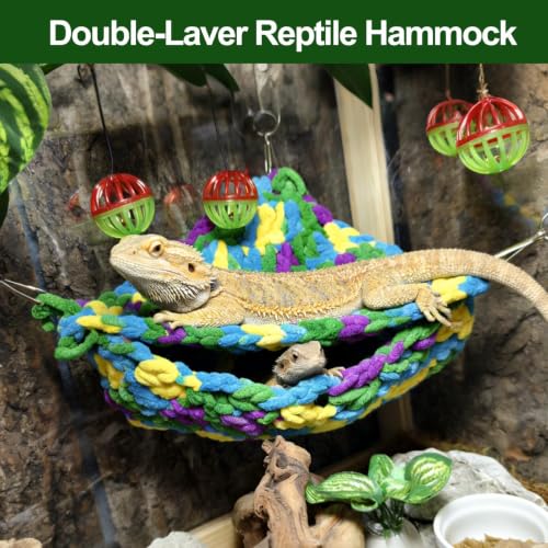 Bearded Dragon Hammock Lounger with Suction Cups Bells,Double-Layer Reptile Hammock, Soft Hanging Lizard Bed Climbing Toys Swing Tank Accessories for Lizard Gecko Chameleon Snake (Blue)