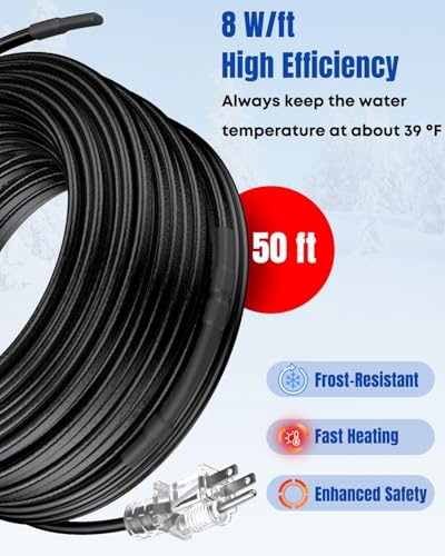 Pawfly 50 FT Heat Tape for Water Pipes, 8 W/ft 120 V Pipe Heating Cable, Self-Regulating Heating Trace for Pipes Freeze Protection, Roof Heat Cable for Pipe Roof Gutter, Keep Water Flowing at -40 °F - style: 50 ft