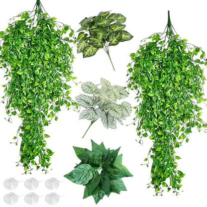 Hamiledyi Reptile Plants for Terrarium Hanging Fake Leaves with Suction Cup | 5 Pack Artificial Snake Foliage, Bearded Dragon Tank Greenery Reptile & Amphibian Habitat Plant for Chameleon Gecko (Green) - size: 5 PCS - Style 4
