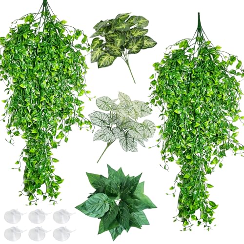 Hamiledyi Reptile Plants for Terrarium Hanging Fake Leaves with Suction Cup | 5 Pack Artificial Snake Foliage, Bearded Dragon Tank Greenery Reptile & Amphibian Habitat Plant for Chameleon Gecko (Green) - size: 5 PCS - Style 4