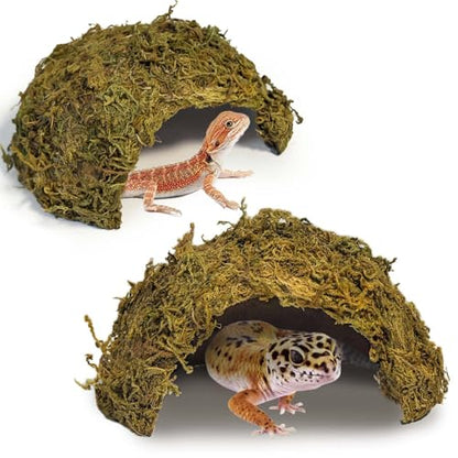 Tfwadmx 2Pcs Leopard Gecko Hide, Coconut Reptile Hides Cave, Snake Hideout Mossy Caves Climbing Hide Reptile Tank Decor for Lizard Gecko Hermit Crab