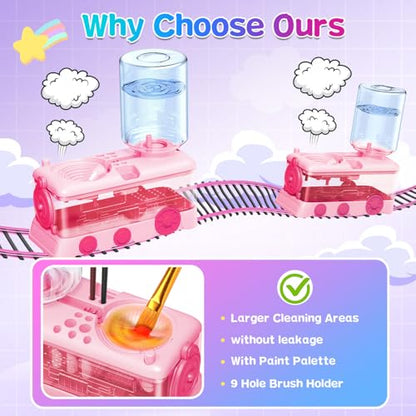 Paint Brush Cleaner Tool, Paint Brush Rinser with Holder, Pink | Water circulation paint brush washer with palette and brush holder for watercolor, acrylic, gouache, beginners and kids. - color: Pink