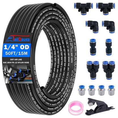 1/4" Air Line Tubing Kit,1/4" OD DOT Air Line 50 FT(15 m) SAE j844 PA Nylon Air Hose Tube and Push to Connect Fitting for Air Brake System Or Fluid Transfer,15 Pcs Compressed Accessories Kit - size: 15PCS & 50FT 1/4" Air Line