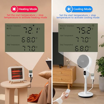 KETOTEK KT3200PRO Day Night Thermostat Temperature Controller Outlet | Digital Heating Cooling Temp Controller with Sensor Timer Regulator for Reptile Greenhouse Brewing Refrigerator