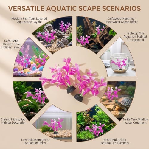 2 Pack 5.43 Inch Pink Plastic Aquarium Plants Fish Tank Decor | Waterproof Mini Desktop Bowl Aquascape Accessory with Weighted Black Base, Fits Finshes Landscapings Aquatic Habitat Layout