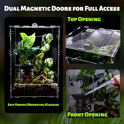 Large Jumping Spider Enclosure, Acrylic Ventilated Terrarium with Magnetic Front and Top Doors, 8.5x8.5x12 Inch, Transparent, Lockable (Large Size) - size: Large Size