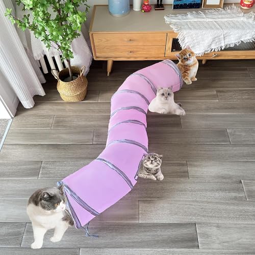2-Way Long Collapsible Cat Tunnel Tube Toy Pink | Interactive Play Tunnel with Peek Hole for Indoor Cats, Kittens, Puppies & Rabbits | Hours of Fun & Exercise - color: Pink Grey