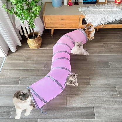 2-Way Long Collapsible Cat Tunnel Tube Toy Pink | Interactive Play Tunnel with Peek Hole for Indoor Cats, Kittens, Puppies & Rabbits | Hours of Fun & Exercise - color: Pink Grey