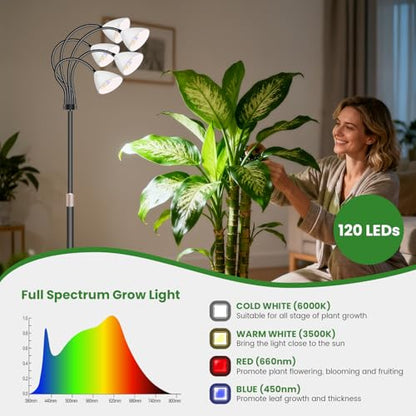 Floor Grow Lights for Indoor Plants, Full Spectrum, for Tall Plant | 5-Head Gooseneck Grow Lamp, 2.3in Spotlight-Style Heads, 120 Red/Blue/White LEDs, Timer & Dimming, 16.5-61in Height, Black - size: 5-Head