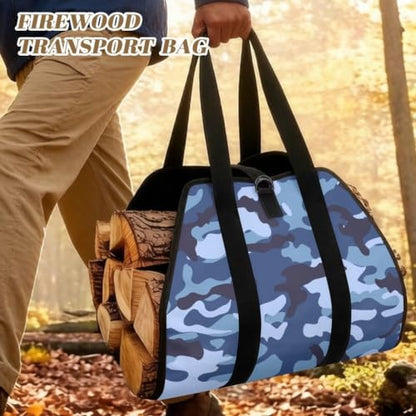 Urban Camo Print Firewood Log Carrier Foldable Wood Sack | with Reinforced Handles, Lightweight Portable, Large Capacity, for Camping and Backyard Parties - color: Navy Light Blue Urban Camo Print
