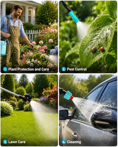 DEGGE Battery Powered Sprayer 2 Gallon, 7.4V Powerful Electric Pump Sprayer | Weed Killer Sprayers with Rechargeable Handle & 5 Mist Nozzles & Retractable Wand & Adjustable Strap for Lawn, Garden, Yard - color: Blue