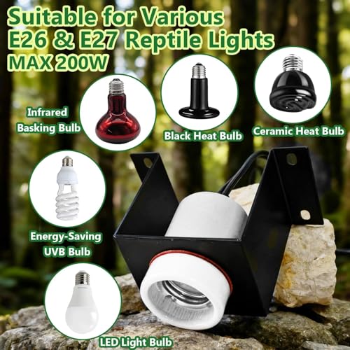 2PCS Reptile Light Fixture,Reptile Terrarium Heat Lamps Holder Bracket with Thermometer,Gecko Ceramic Heating Light Socket,Width-Increased Bearded Dragon Lamp Fixture for Lizard,Turtle,Snake - size: 4.1*2.4*3.5IN | 2PCS