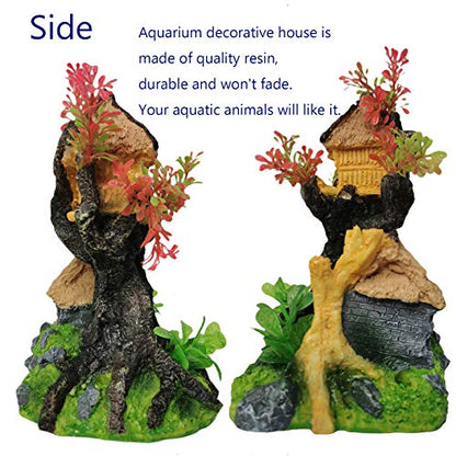 Hamiledyi 4PCS Aquarium Decoration, Fish Tank Artificial Resin Castle Ornaments, Betta Tank Landscape Decorations with Plastic Plants for Shrimp Fish Climbing Hiding - style: Country Rustic