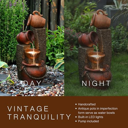 LuxenHome 32" Outdoor Water Fountain, Cascading Resin Garden Fountains | Farmhouse Outdoor Fountains with LED Lights, Built-in Pump, Indoor and Outdoor Use Water Fountain Outdoor