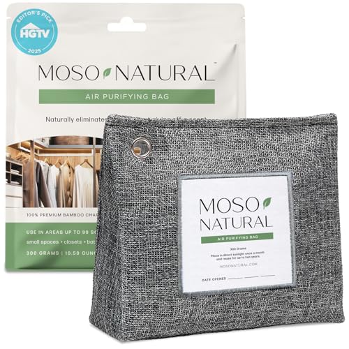 Moso Natural Air Purifying Bag 300g, Premium Charcoal Odor Absorber & Deodorizer for Closets, Bathrooms & Small Spaces — Lasts 2 Years, Pet Odor Eliminator for Home, Unscented Bamboo Charcoal Bag