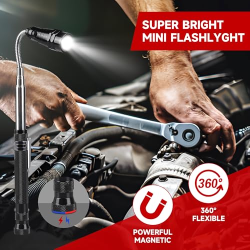 Telescoping Magnetic Pickup Tool Set | Inspection Mirrors and Four Claw Grabber Tool | Flexible LED Flashlight | Magnet Stick | Cool Gadgets for Men | Gifts for Husband