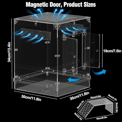 12x12x16 Acrylic Reptile Terrarium, Large Reptile Enclosure with Watertight Bottom, 10 Gallon Clear Reptile Tank with Front Opening Doors, High Ventilation Habitat Breeding Cage for Turtle Gecko Frog