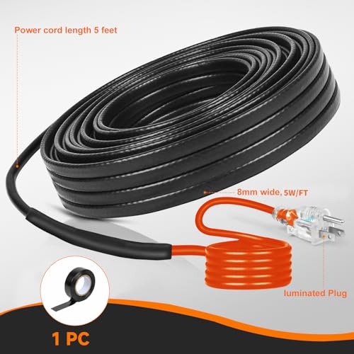 Heat Tape for Water Pipes Roof & Gutter Snow De-Icing 30FT | Heat Cable 5 Watts Per Foot, Water Line Heat Tape Keeps Water Flowing at -40°F 5W/FT, 120V 30 Feet - size: 30FT