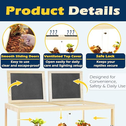 Bearded Dragon Tank with Leg, 80 Gallon Tempered Glass Lizard Tank, Reptile Enclosure with Metal Mesh and Lockable Door, Reptile Tank for Snakes,Chameleon (Oak, 48x19x19 Inch)