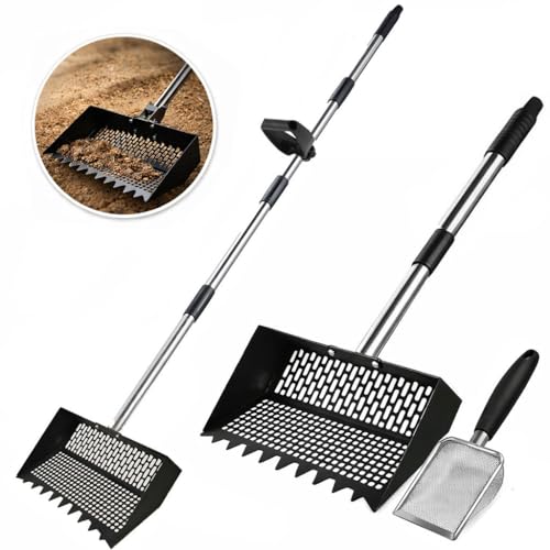 Chicken Poop Scooper & Rake 3-in-1, Adjustable Long Handle (32–63"), 12" Wide Dual-Mesh Sifting Shovel + Mini Fine-Mesh Sifter Scoop, Stainless Steel Coop Litter Scoop for Sand/Shavings/Pellets