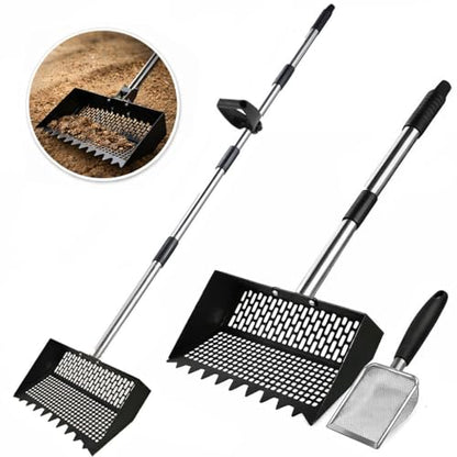 Chicken Poop Scooper & Rake 3-in-1, Adjustable Long Handle (32–63"), 12" Wide Dual-Mesh Sifting Shovel + Mini Fine-Mesh Sifter Scoop, Stainless Steel Coop Litter Scoop for Sand/Shavings/Pellets