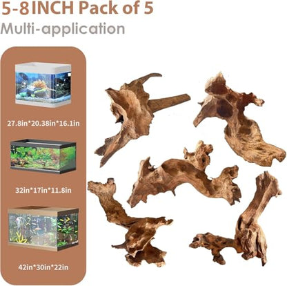 Jorewood Natural Small Aquarium Driftwood for Fish Tanks & Reptile Terrariums – 100% Safe Fish Tank Decorations, Unique Twisted Branches 5-Piece 4-8 Inch Low Tannin, Easy to Sink - size: Mopani Driftwood 4 to 8 Inch (Pack of 5)