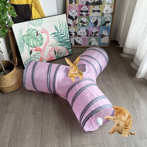 3-Way Collapsible Cat Tunnel Tube Toy Pink — Interactive Play Tunnel with Hanging Ball & Peek Hole for Indoor Cats, Kittens, Puppies & Rabbits | Hours of Fun & Exercise - color: Pink