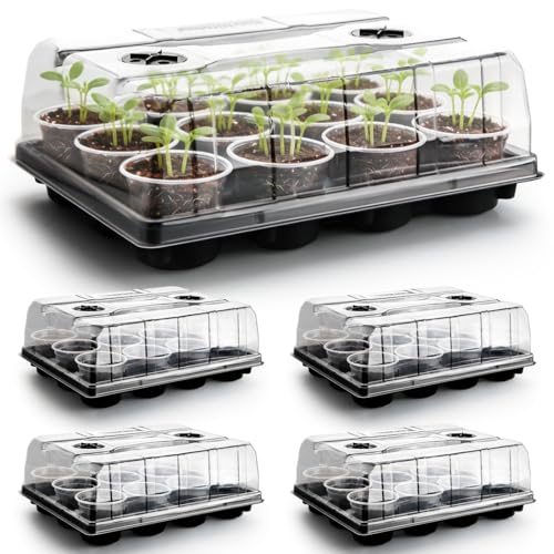 RooTrimmer 5 Pack 12 Cell Nursery Pot Trays with Adjustable Humidity Domes & 4 Inch Clear Pots 60 Pack, Sturdy Seed Starting Kit for Greenhouse Garden, Reusable Plant Growing Germination 5 Sets - color: Black + Clear, size: 4 Inch 60 Pack Pots With 5 Pack