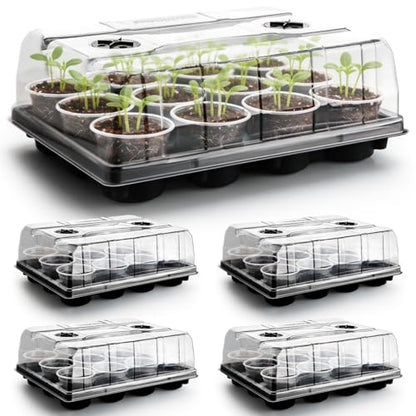 RooTrimmer 5 Pack 12 Cell Nursery Pot Trays with Adjustable Humidity Domes & 4 Inch Clear Pots 60 Pack, Sturdy Seed Starting Kit for Greenhouse Garden, Reusable Plant Growing Germination 5 Sets - color: Black + Clear, size: 4 Inch 60 Pack Pots With 5 Pack