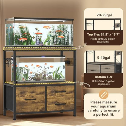 Heybly 20-29Gal Fish Tank Stand with Drawer, Power Outlet,330lbs HAS001SR-1 | Aquarium Stand,Heavy Duty Metal Frame for Fish Tank, Turtle & Reptile Terrarium, 31.5" x 15.7" Top, Rustic Brown - color: Rustic Brown, size: 20-29 gal