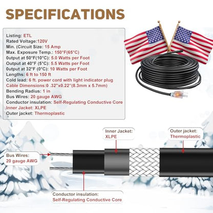 HEATIT JHSF1 Self-Regulating Heating Cable, Roof & Pipe Protection, 100FT | Pre-Assembled Heat Cable Prevents Roof Ice Dams and Pipe Freezing, Providing Automatic Winter Freeze Protection - color: 5W/FT, style: 100-Feet