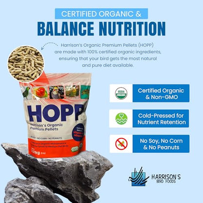 Harrison's Bird Foods HOPP Premium Pellets – Organic, Nutritionally Balanced Food for Small to Medium Pet Birds, Cold-Pressed, Low Fat, Vet-Developed, 5LB - size: 5 Pound (Pack of 1)