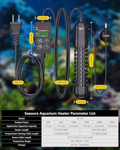 SEAOURA Small Aquarium Heater, 25W Fish Tank Heater with Temp Probe 1-5 Gal | Adjustable Max & Min Temp Protection, 5.7 IN Auto Power-Off LED Display External Controller, for Fresh/Saltwater Betta Turtle - size: Tank for 1-5 Gallon