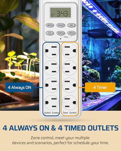 DEWENWILS 8 Outlet Power Strip with Timer, 6FT Cord for Bearded Dragon Tank | 4 Timed & 4 Always On, 14/3 AWG,15A Indoor Digital Outlet for Reptile Light,Turtle Grow Light,Aquarium,UL Listed