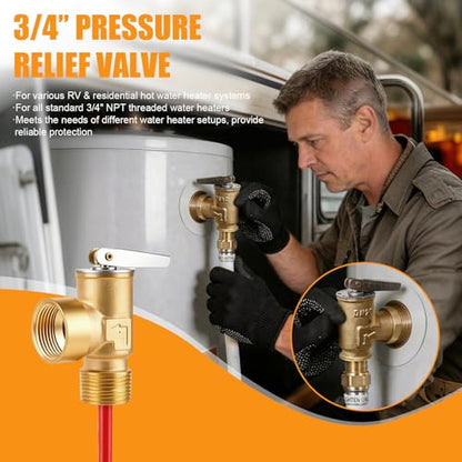 3/4" NPT Water Heater Pressure Relief Valve, 150 PSI Pressure Relief Valve for RV Hot Water Heater, Brass T&P Relief Valve with Epoxy-Coated Probe, Universal Suburban RV Water Heater Parts Replacement