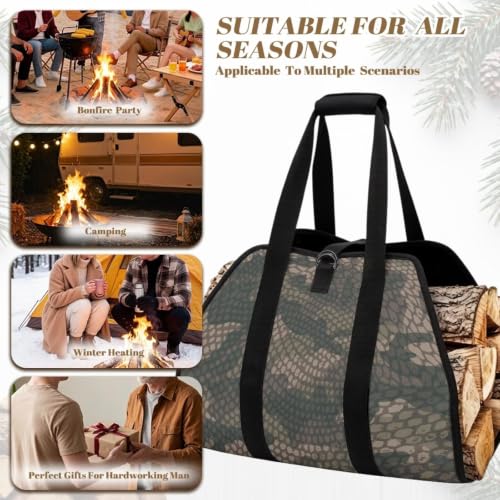 Snake Scale Camo Print Wood Carrying Bag for Firewood | Foldable Design, Adjustable Buckle Straps, Ideal for Indoor Stoves, Bonfires and Long RV Road Trips - color: Green Snake Scale Camo Print
