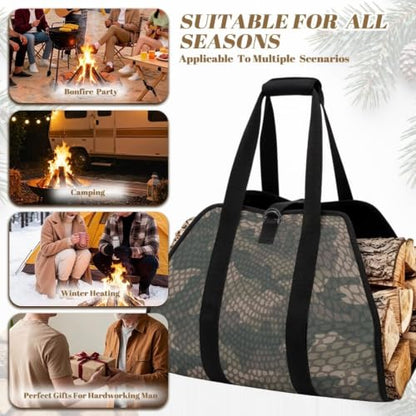 Snake Scale Camo Print Wood Carrying Bag for Firewood | Foldable Design, Adjustable Buckle Straps, Ideal for Indoor Stoves, Bonfires and Long RV Road Trips - color: Green Snake Scale Camo Print