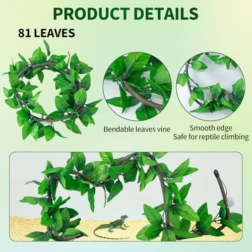9 PCS Bearded Dragon Tank Accessories with Plastic Reptile Plants | Flexible Vine Jungle Climb with Leaves, Polyester Bearded Dragon Hammock, Background Decor for Gecko Chameleon Snake Lizard