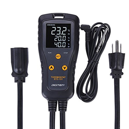 DIGITEN 110V 15A Temperature Controller DTC151 Plug in Thermostat Outlet Digital Temperature Controller for Heat Mat Reptile Greenhouse Aquarium, Heating/Cooling Mode