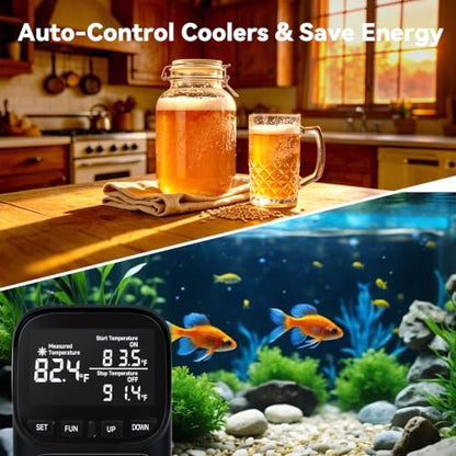1800W Digital Thermostat for Reptile Tank, -40℉~210℉, Plug in Thermostat for Heater/Greenhouse with 5m/2m Cable, 15A Temperature Controlled Outlet with VA Display, Temp ±0.1°F, Black - color: Plug In-black