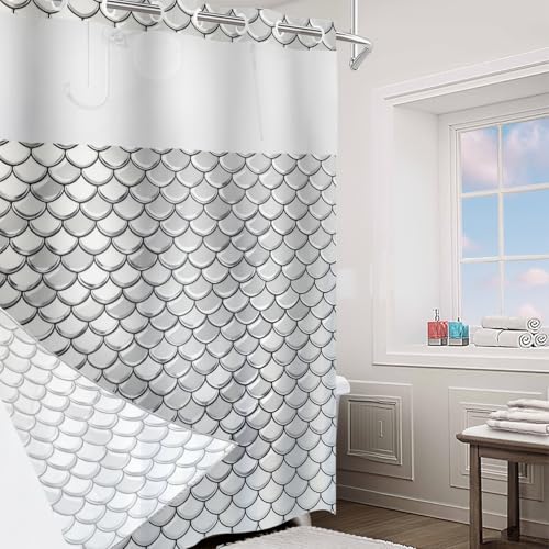 Snake Scale No Hooks Shower Curtain with Snap in Liner Set, Gray Fish Scale Pattern Tub Curtainn Mesh Top Window & Magnetic Hem Waterproof 71X74 Inch - color: Snake Scale 1 White03, size: 71"W x 74"L (Pack of 1)